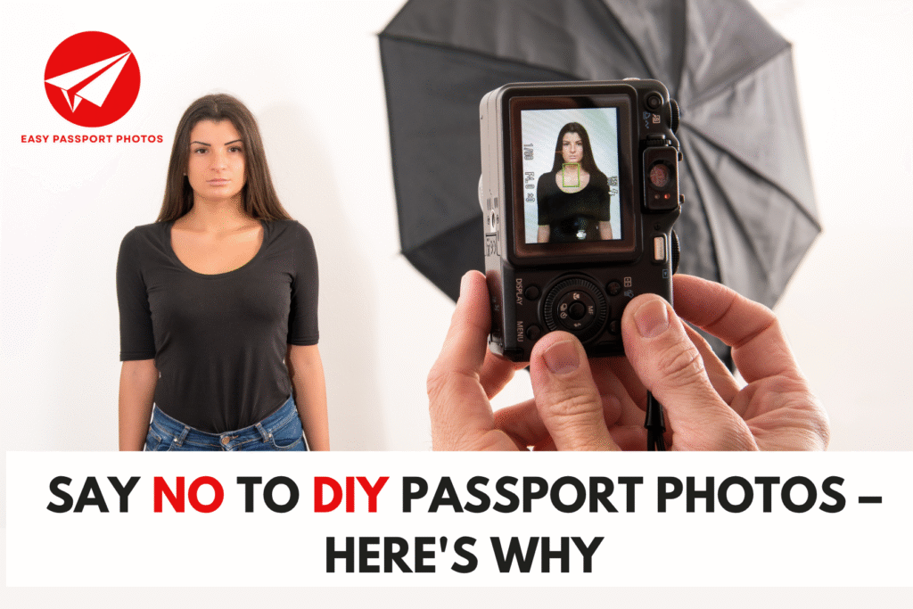 Professional photographer taking a passport photo of a woman in a studio, promoting the benefits of professional passport photos over DIY options