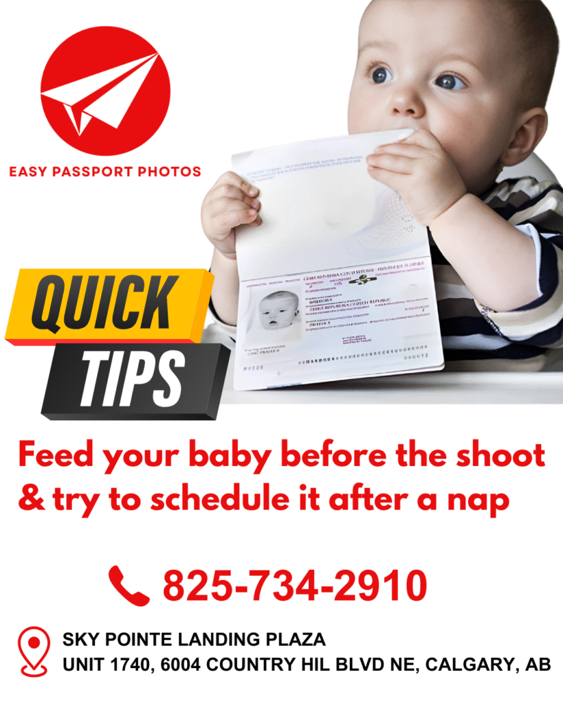Baby holding a passport with photo, alongside text giving tips for parents to feed and nap infants before a passport photo session.