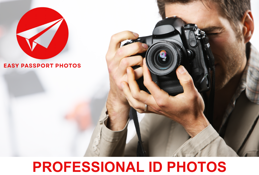 Photographer taking a professional photo with Easy Passport Photos logo, promoting high-resolution ID photos for passports, PR, citizenship, visas, work permits, and resume headshots in Calgary, with a focus on customer satisfaction and free retakes if not happy with the results.