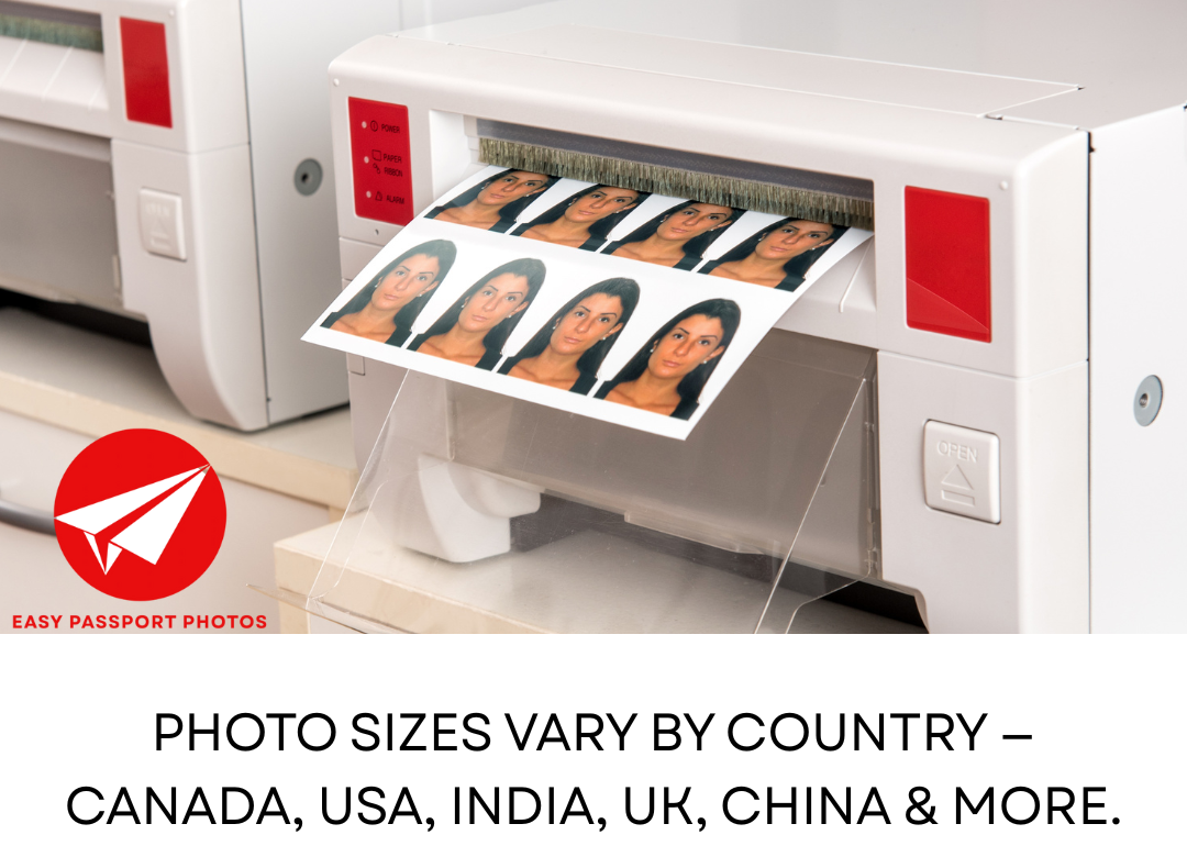 Passport photo printer printing multiple identical headshots of a woman, with text promoting professional and correctly sized passport photos for Canada, USA, India, UK, China, and more. Includes contact number and Calgary location for Easy Passport Photos.