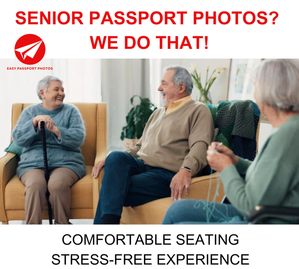 Smiling seniors sitting comfortably during a relaxed passport photo session, highlighting a gentle and stress-free process. senior passport photos Calgary