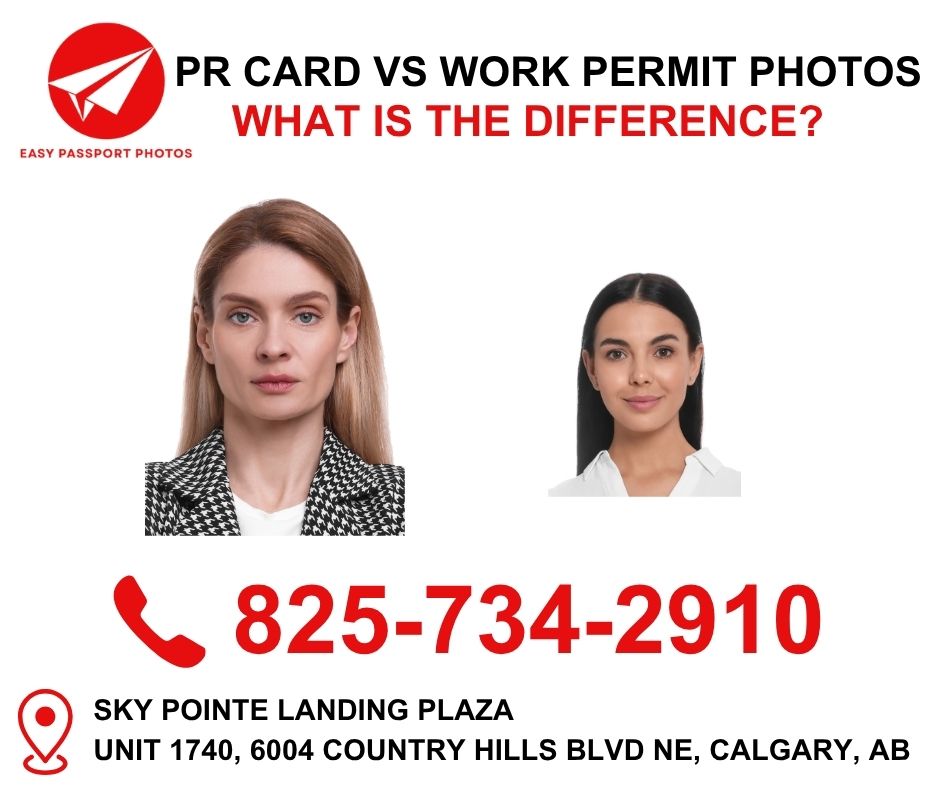 Professional Canadian immigration photo service showing PR card and work permit photo examples on a white background and IRCC-compliant passport photos for Canada applications.